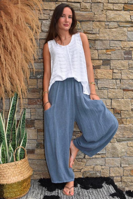 Lina Linen Blend Barrel Pant Washed Navy